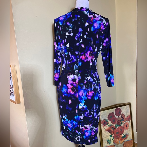 Vintage CACHE Size Large Floral Dress Keyhole Neck Gold Hardware Gathered Wrap - Picture 5 of 15
